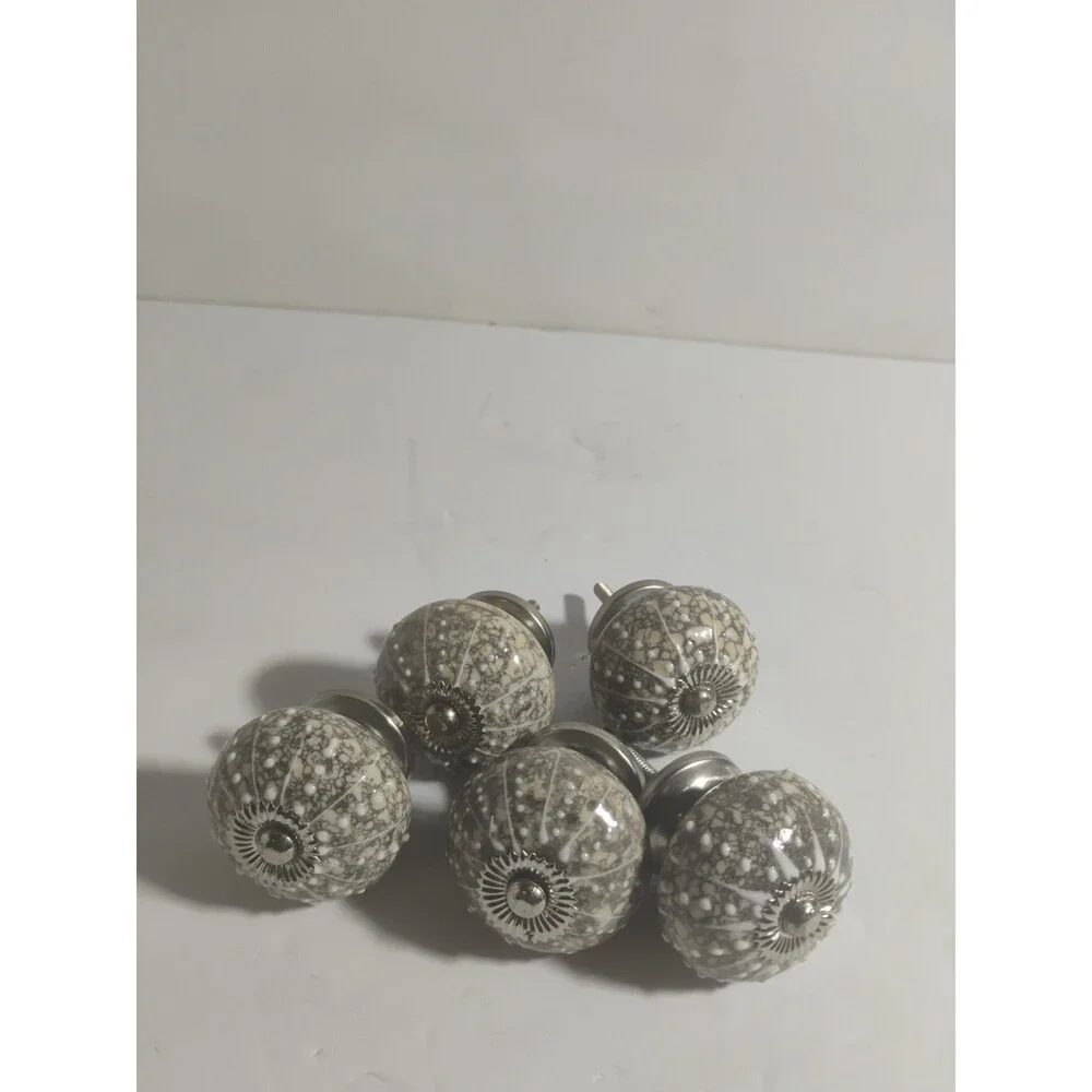 Lot of 5 Sea Urchin Ceramic Drawer Knob Pulls Gray White Beige Silver 1.5